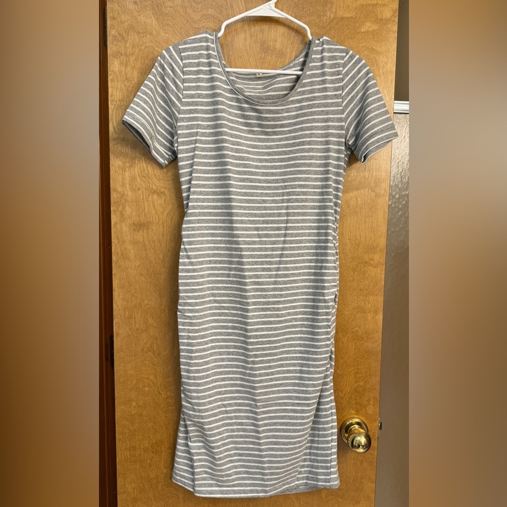 Bodycon maternity dress, stretchy gray and white striped dress, ruched